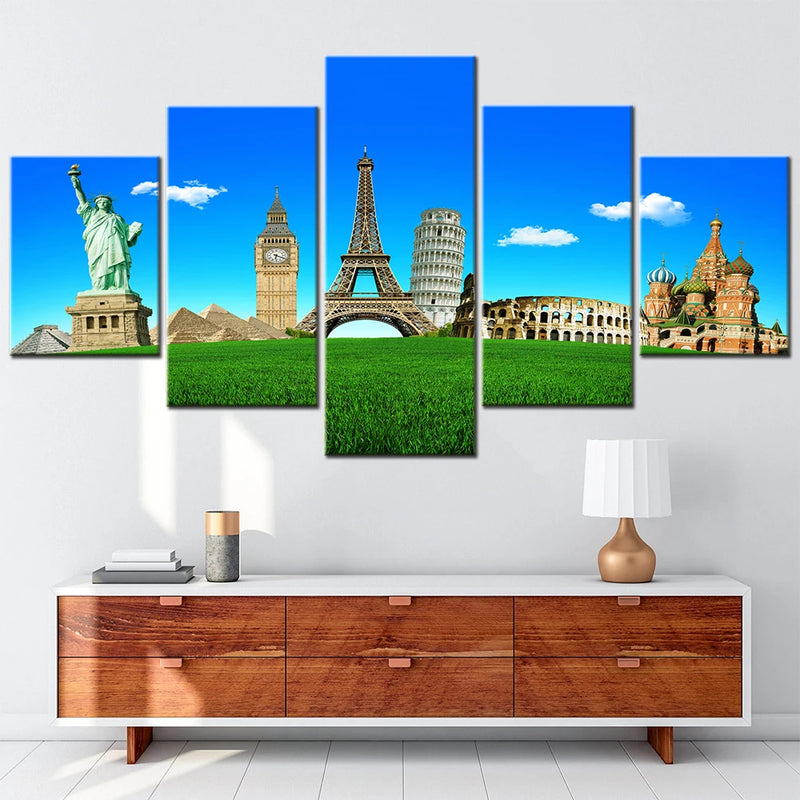 World's Famous Landmarks 5 Panels Painting Canvas Wall Decoration