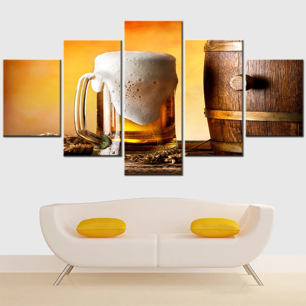 Beer Wheat Barrel 5 Panels Painting Canvas Wall Decoration