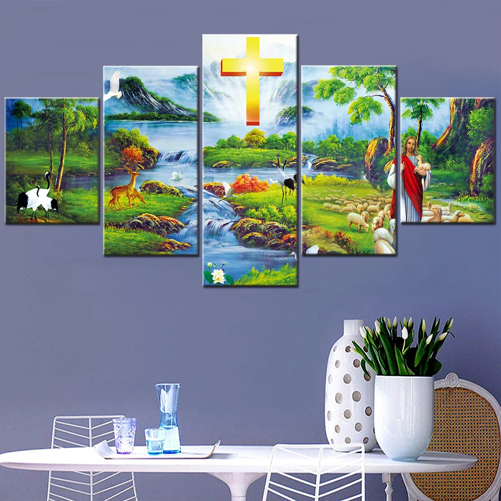 Set Jesus Cross Picture Modern 5 Panels Painting Canvas Wall Decoration