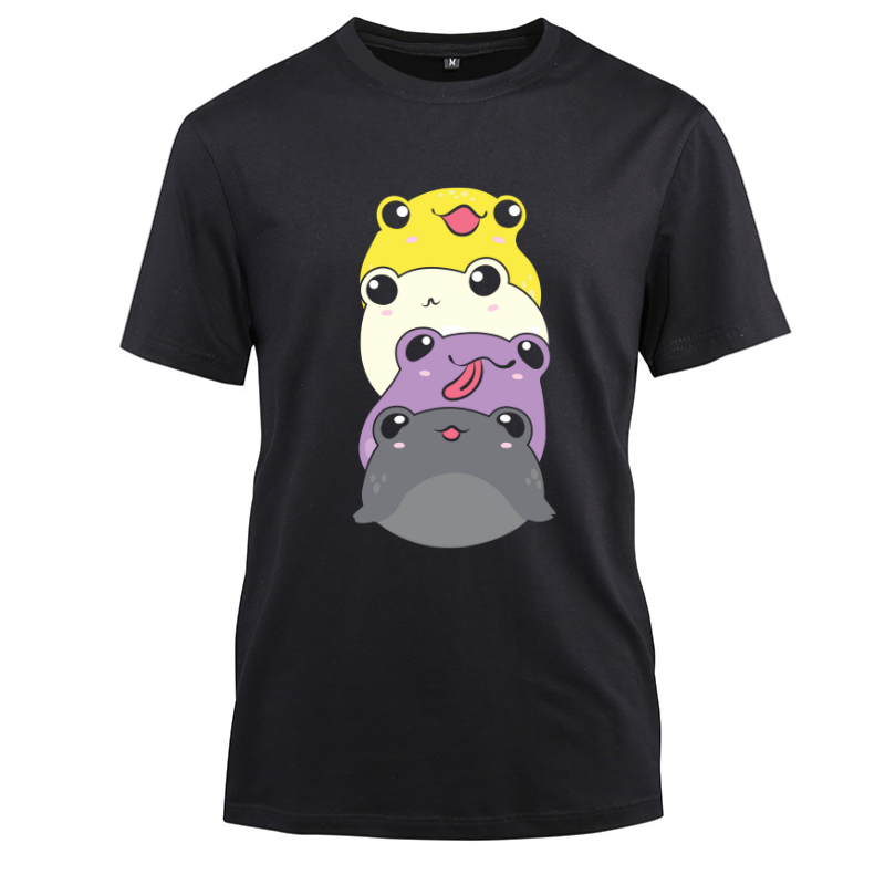 Nonbinary Flag Color Kawaii Frogs Cotton Black Short Sleeve T-Shirt