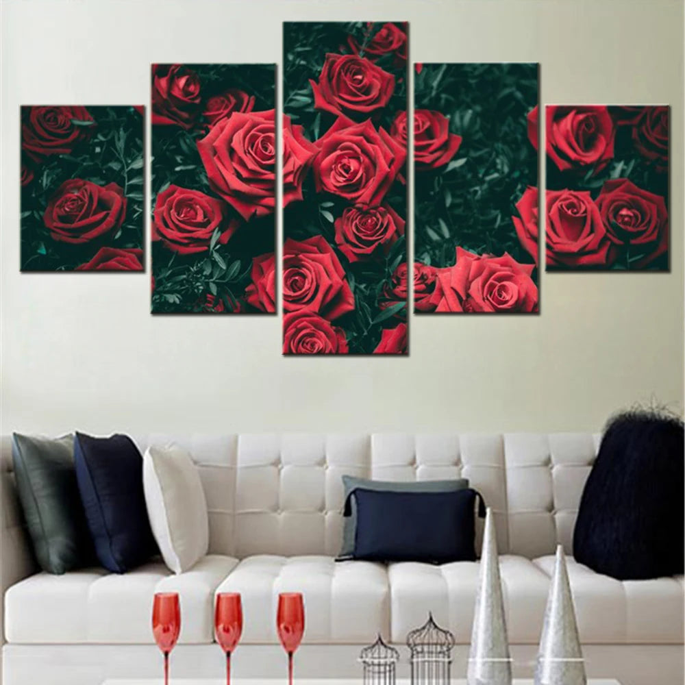 Roses Bushes Red Buds 5 Panels Painting Canvas Wall Decoration