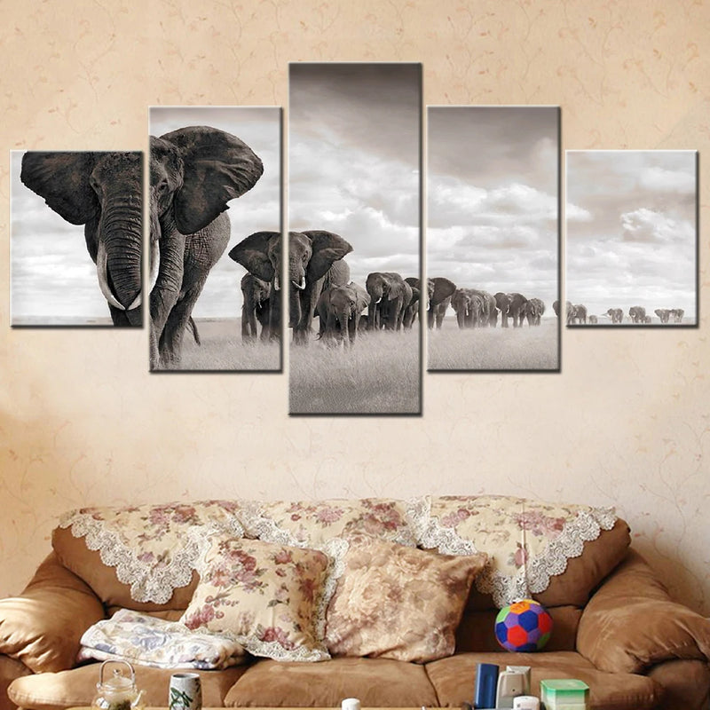 Elephant Walking On The Grassland 5 Panels Painting Canvas Wall Decoration