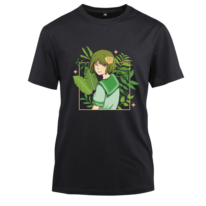 Anime Japanese Cute Girl Green Uniform Cotton Black Short Sleeve T-Shirt