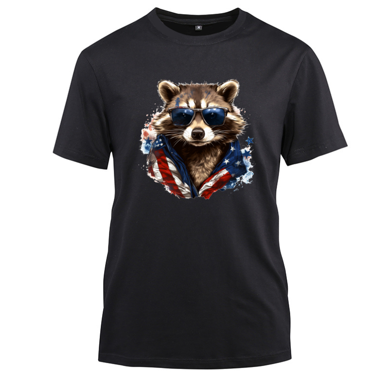Animal Hiphop Graphic Raccoon With Sunglasses Cotton Black Short Sleeve T-Shirt