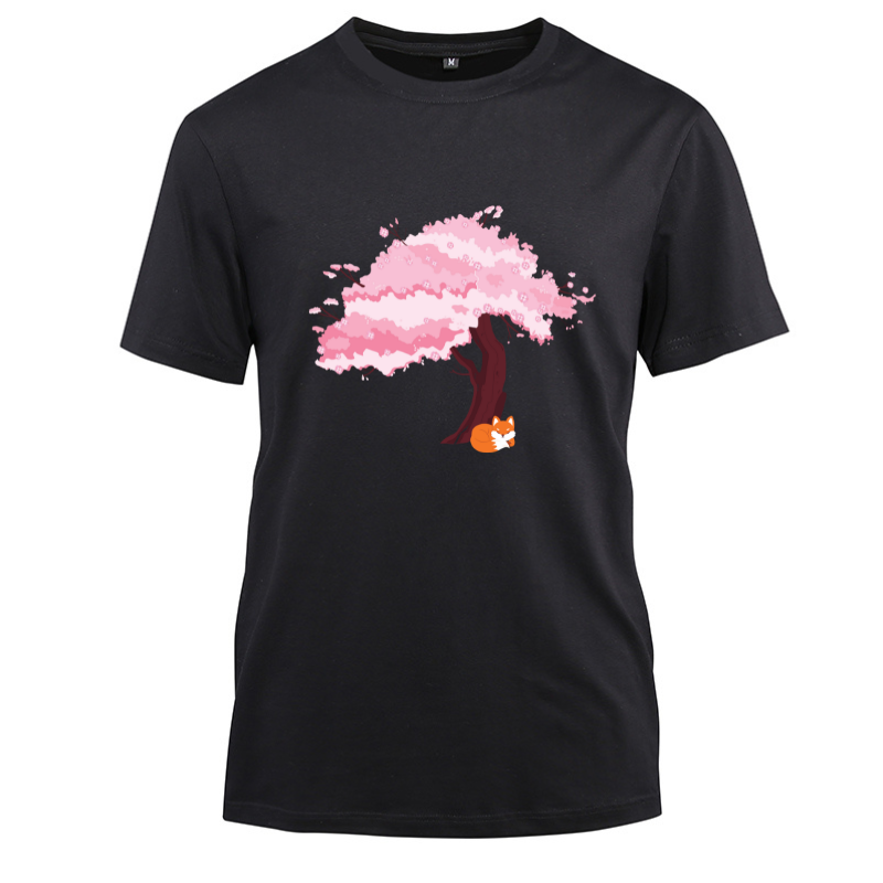 Kawaii Fox Japanese Cherry Blossom Cotton Black Short Sleeve T-Shirt