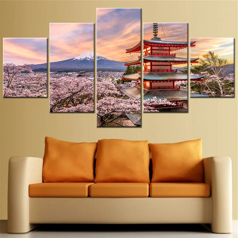 Mountain Fuji Sunset Scenery flower cute 5 Panels Painting Canvas Wall Decoration