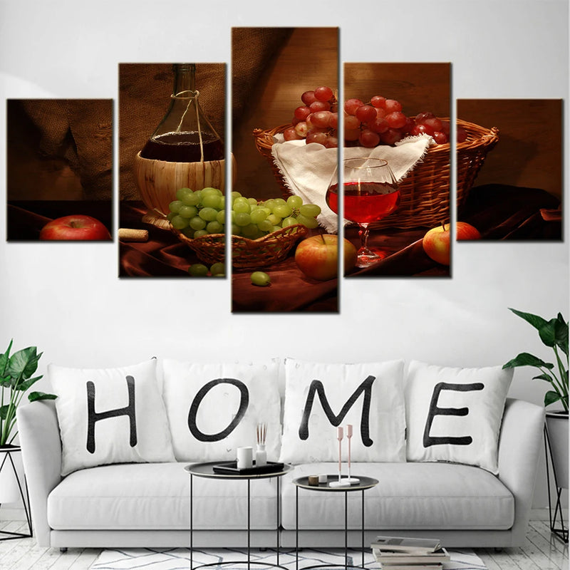 Retro Still Life Wine Fruits 5 Panels Painting Canvas Wall Decoration