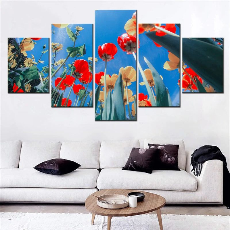 Tulips Flower garden 5 Panels Painting Canvas Wall Decoration