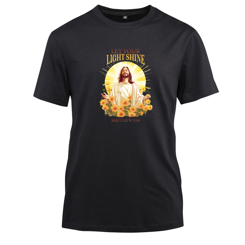Let Your Light Shine Jesus Art Cotton Black Short Sleeve T-Shirt