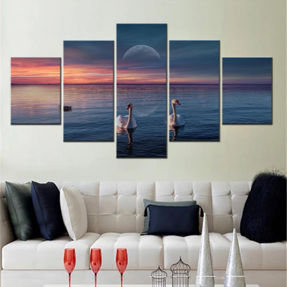 Two Swans Lake 5 Panels Painting Canvas Wall Decoration
