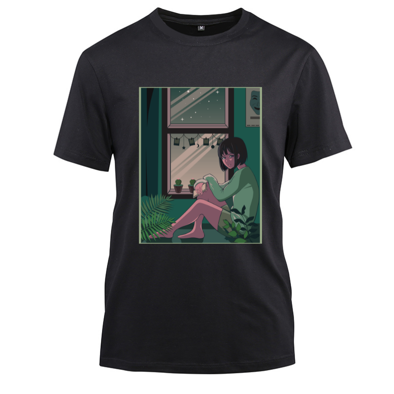 Anime Japanese The Cute Girl in Green Cotton Black Short Sleeve T-Shirt