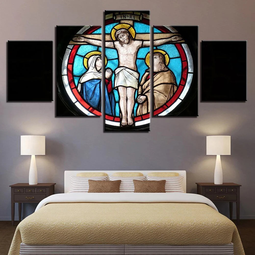 Set Cross Jesus Christ 5 Panels Painting Canvas Wall Decoration