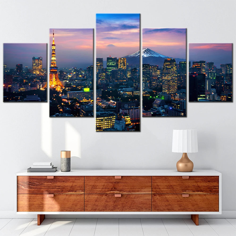 Tokyo Cityscape Fuji Mountain 5 Panels Painting Canvas Wall Decoration