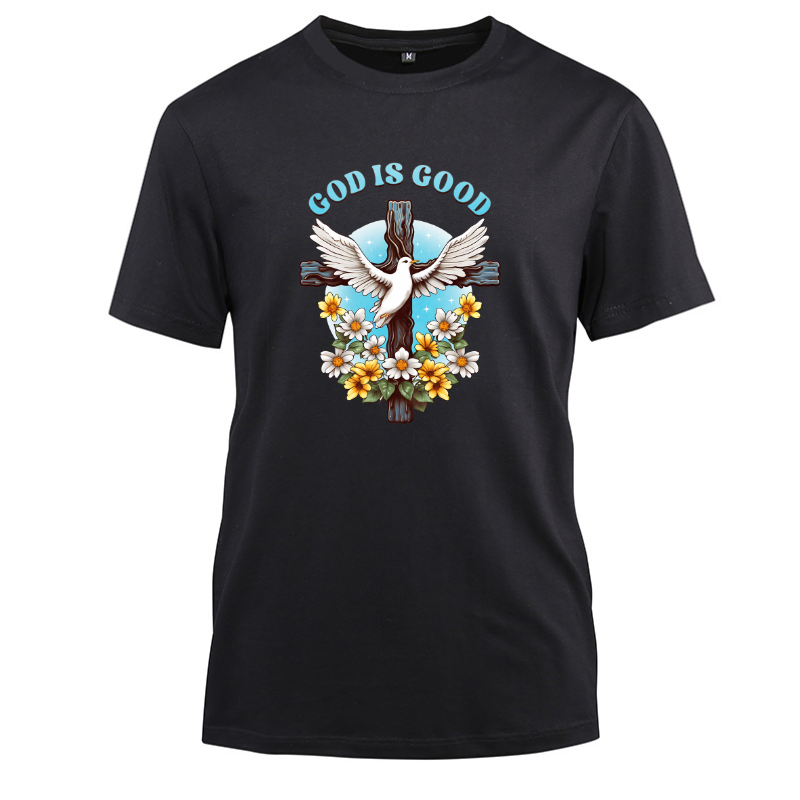 God Is Good Dove Floral Cotton Black Short Sleeve T-Shirt