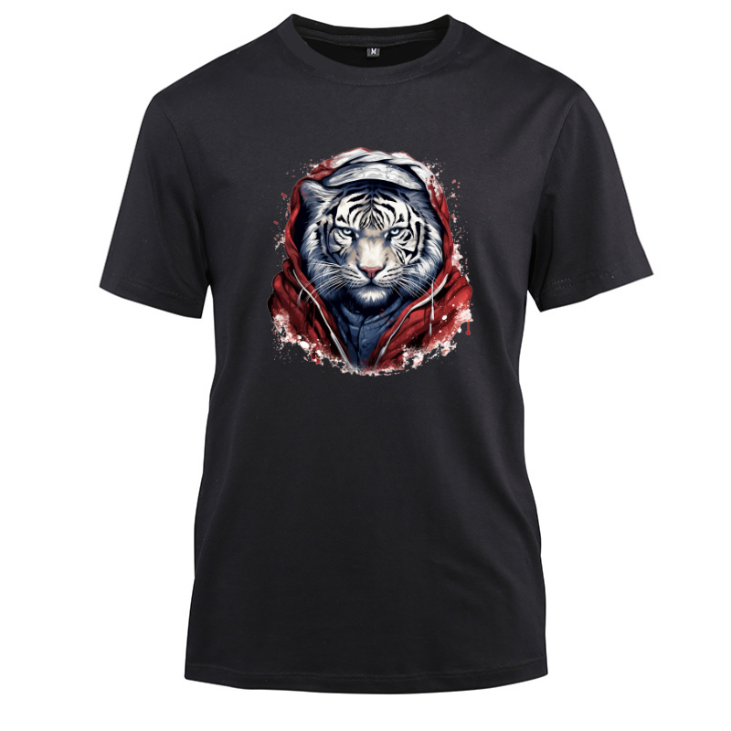 Animal Hiphop Graphic Funny White Tiger Cotton Black Short Sleeve T-Shirt