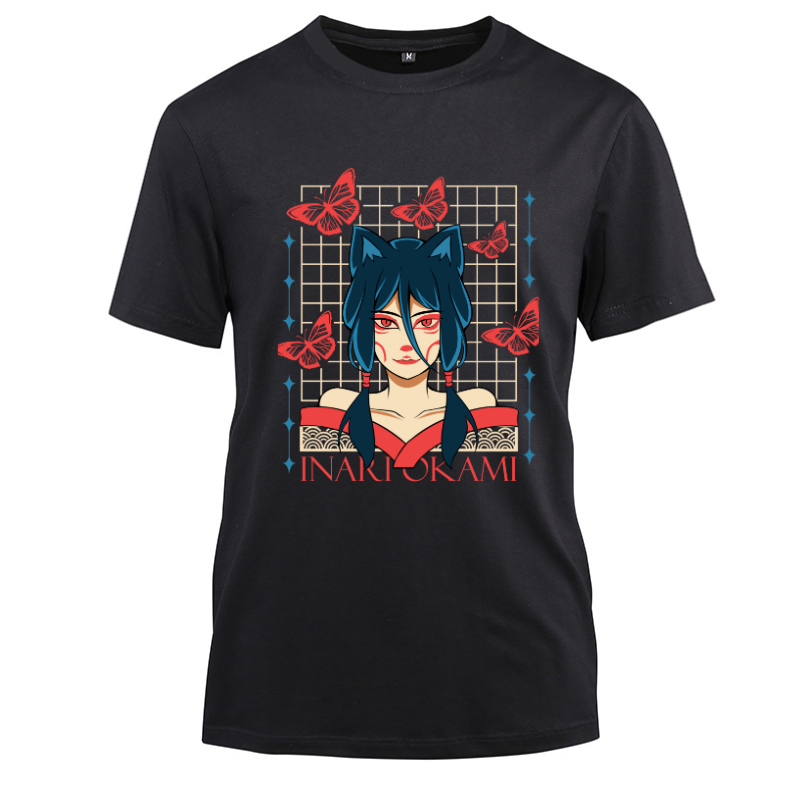 Japan Streetwear Inariokami Cotton Black Short Sleeve T-Shirt