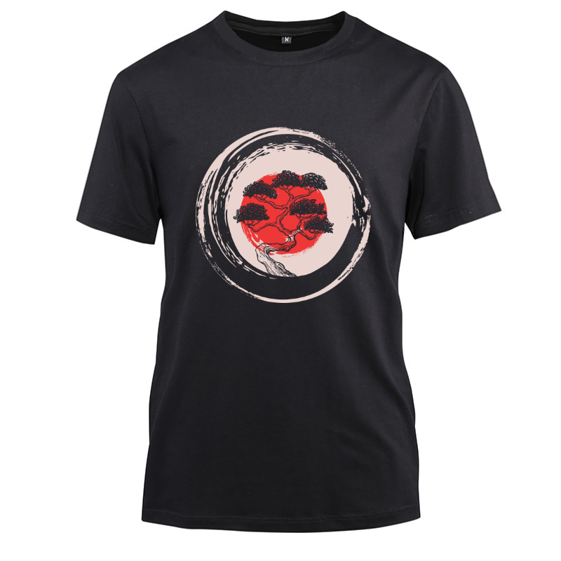 Bonsai Tree In Japanese Enso Circle Cotton Black Short Sleeve T-Shirt