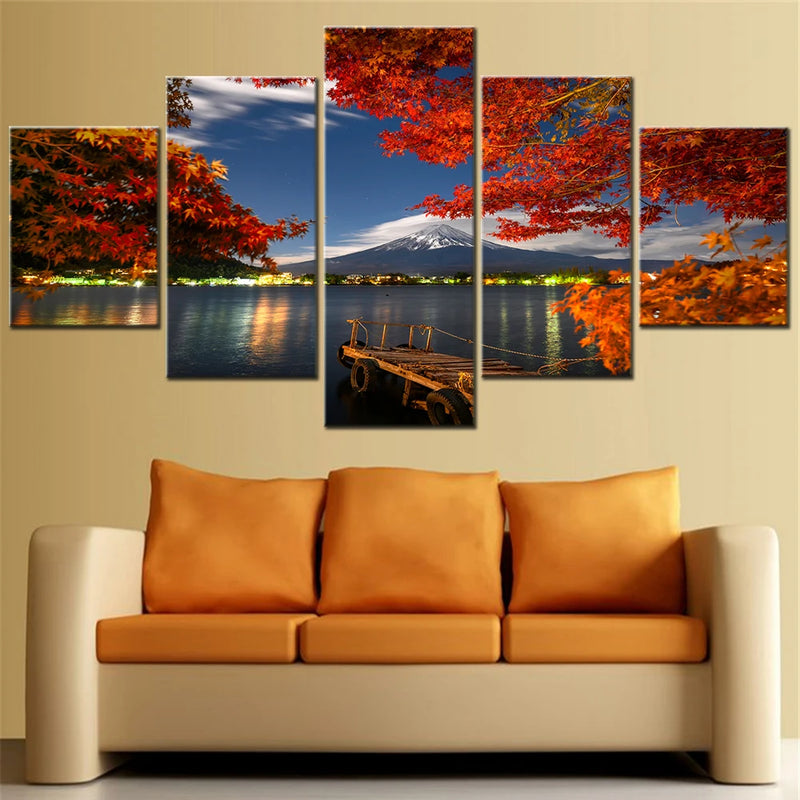 Fuji Mountain Lake Flowers design 5 Panels Painting Canvas Wall Decoration