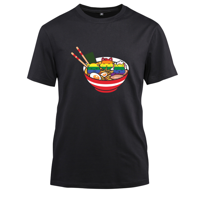 Cats Ramen Anime Food LGBTQ Rainbow Flag Cotton Black Short Sleeve T-Shirt