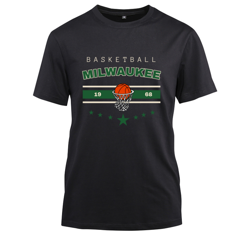 Basketball Milwaukee 1968 Cotton Black Short Sleeve T-Shirt