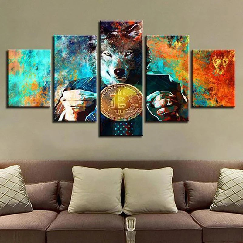 Mr.Wolf And Bitcoin 5 Panels Painting Canvas Wall Decoration