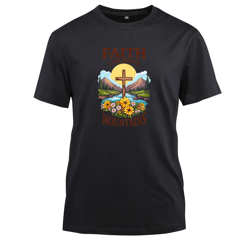 Faith Can Move Mountains Cross Cotton Black Short Sleeve T-Shirt