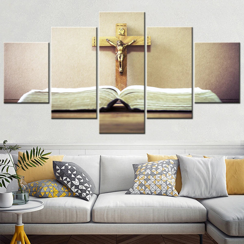 Christian Jesus Cross Bible design 5 Panels Painting Canvas Wall Decoration