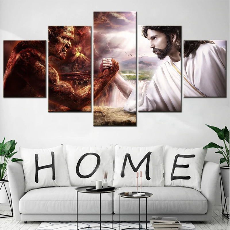 Jesus vs Satan 5 Panels Painting Canvas Wall Decoration