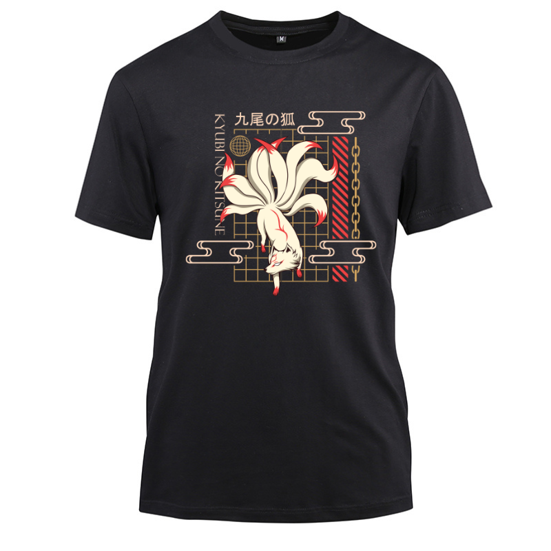 Japan Streetwear Kyubi No Kitsune Cotton Black Short Sleeve T-Shirt