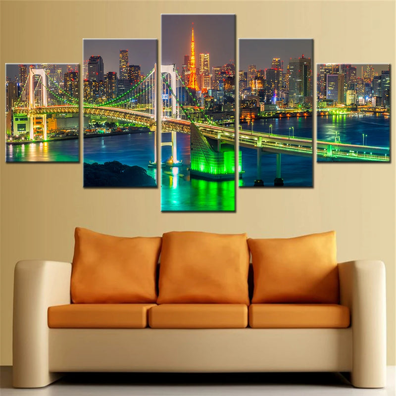 Tokyo Tower Rainbow Bridge Cityscape 5 Panels Painting Canvas Wall Decoration