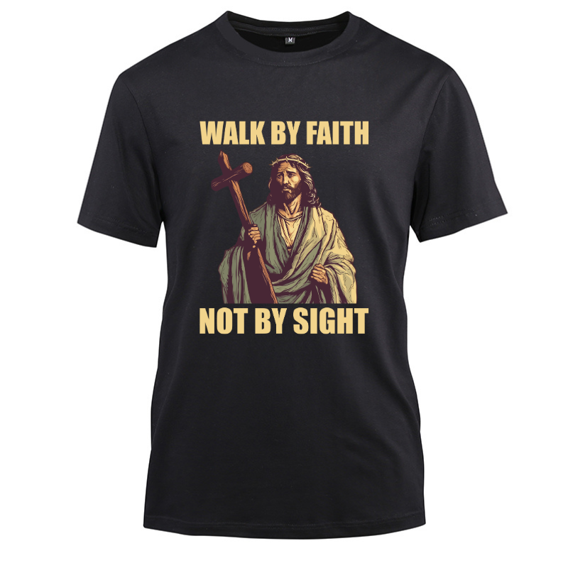 Walk By Faith Not By Sight Jesus Wise Cotton Black Short Sleeve T-Shirt