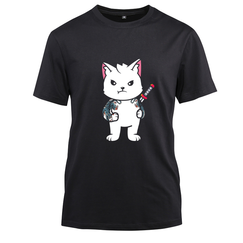 Samurai Cat Katana Ninja Yakuza Tattoo Cotton Black Short Sleeve T-Shirt