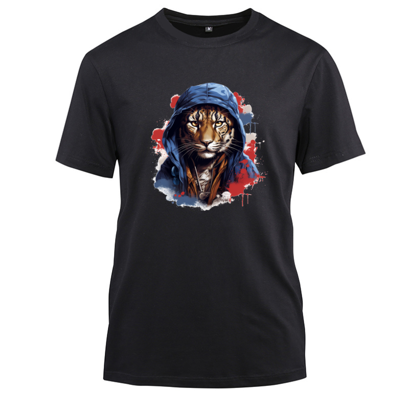 Animal Hiphop Graphic Tiger Cotton Black Short Sleeve T-Shirt