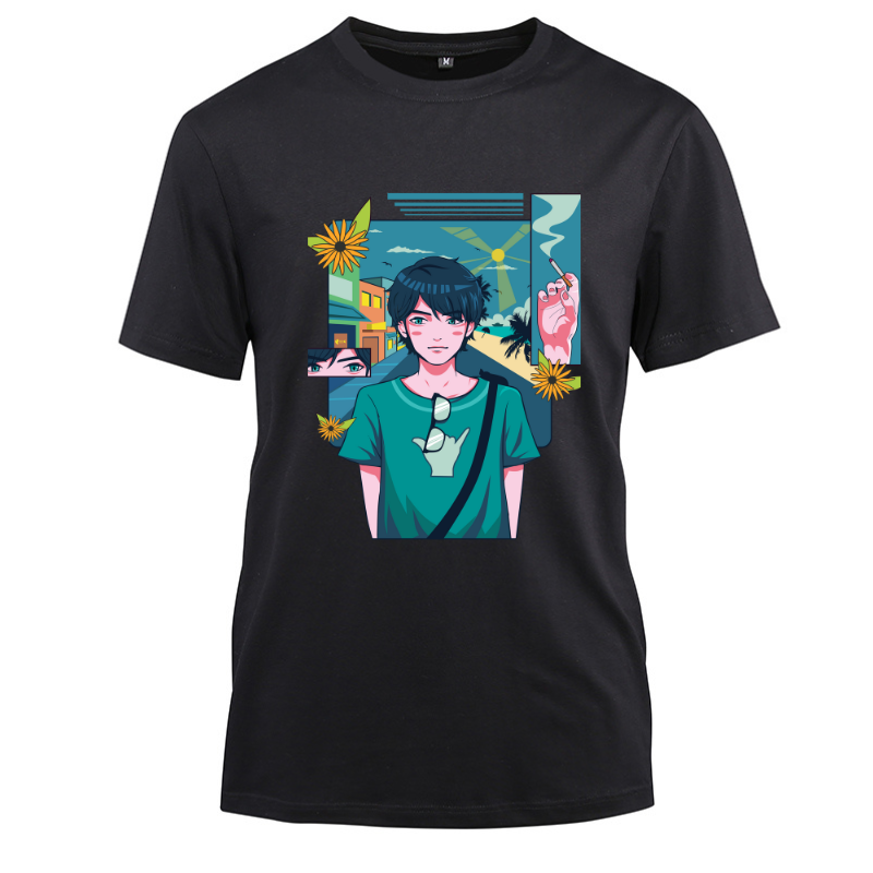 Anime Japanese The Cute Boy on The Good Day Cotton Black Short Sleeve T-Shirt