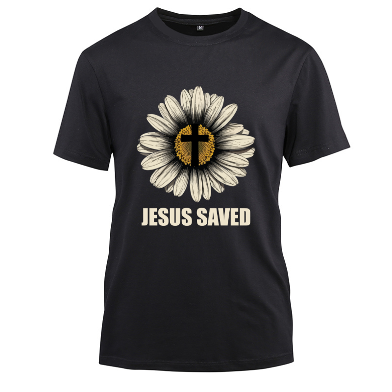 Jesus Saved A Cross Daisy Cotton Black Short Sleeve T-Shirt