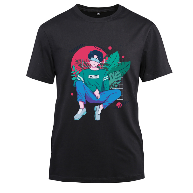 Anime Japanese The Cute Boy In Green Cotton Black Short Sleeve T-Shirt