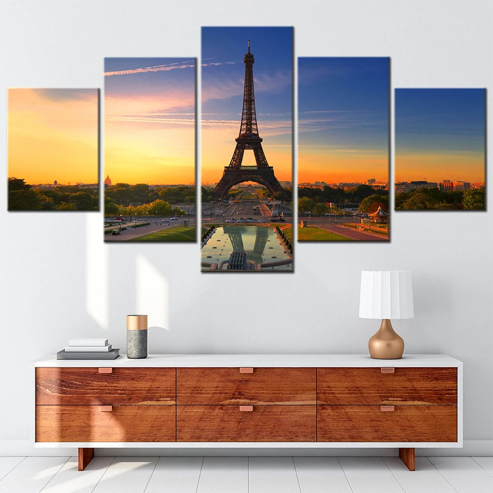 Paris Eiffel Tower Sunset Scenery 5 Panels Painting Canvas Wall Decoration