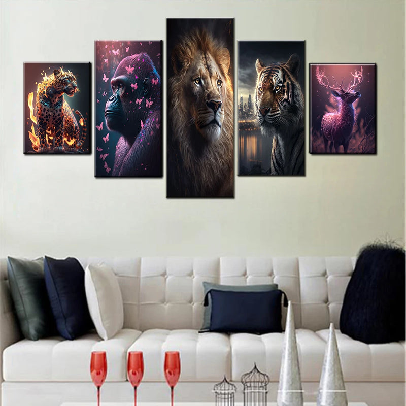 Tiger Fantasy Deer Jaguar Gorilla Lion 5 Panels Painting Canvas Wall Decoration