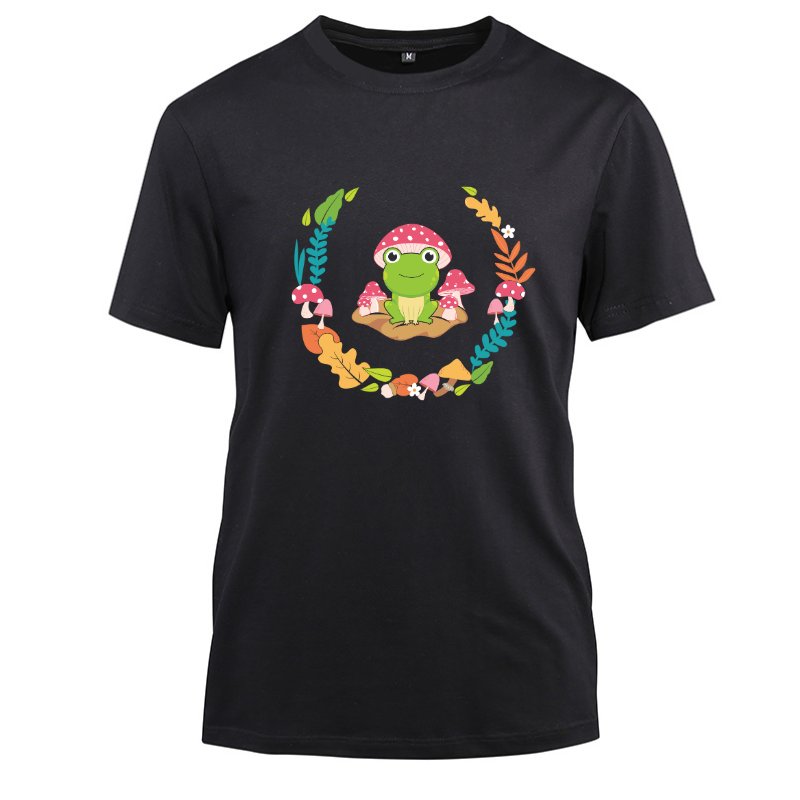 Kawaii Frog With Cute Mushroom Cotton Black Short Sleeve T-Shirt