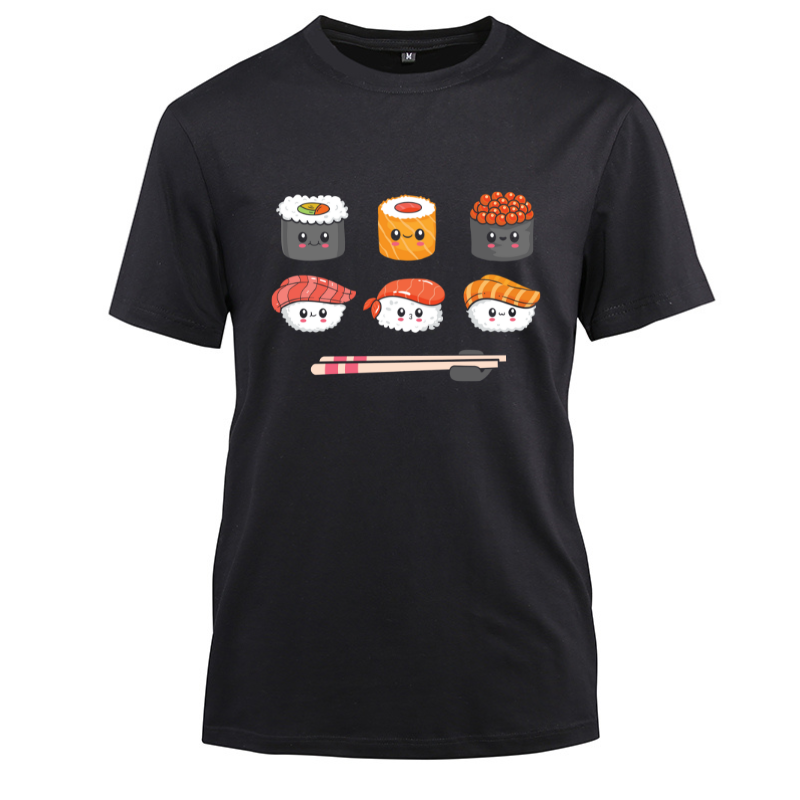 Sushi Anime Kawaii Set Japanese Food Cotton Black Short Sleeve T-Shirt