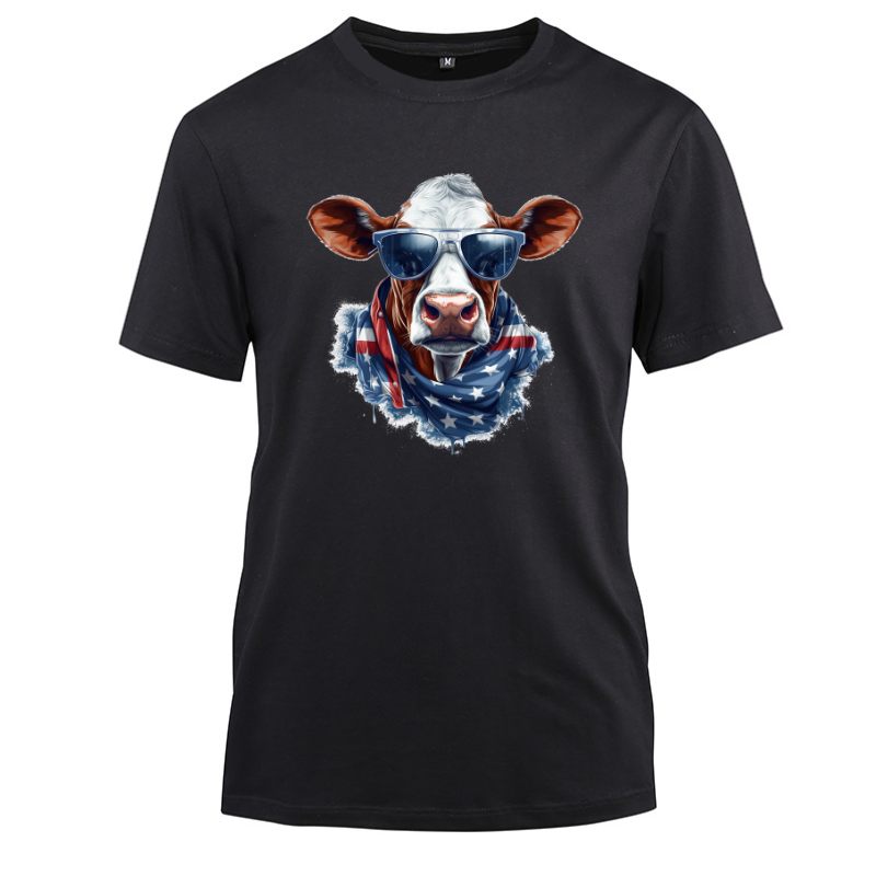 Animal Hiphop Graphic Funny Cow Cotton Black Short Sleeve T-Shirt
