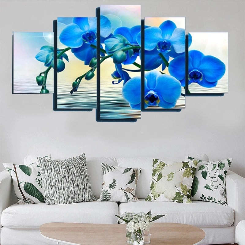 Blue Flower Spray 5 Panels Painting Canvas Wall Decoration