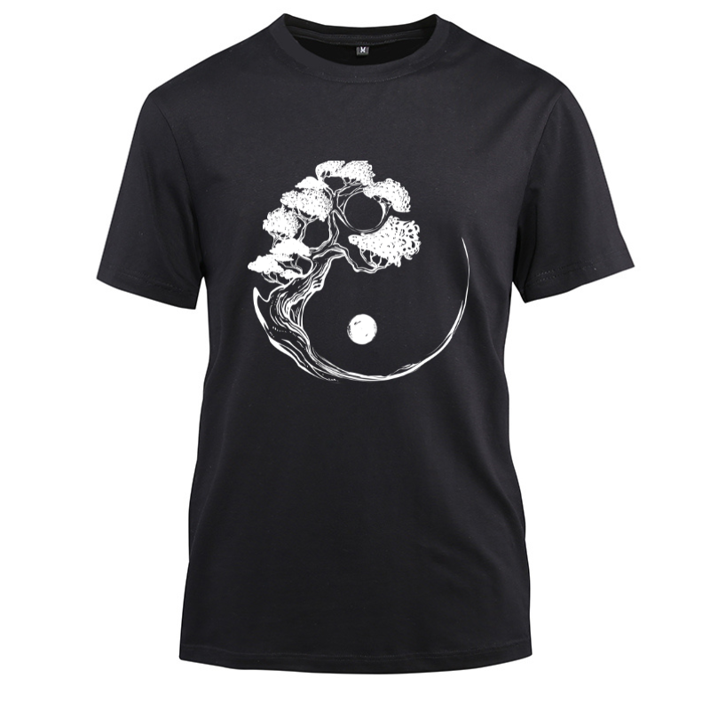 Yin Yang Bonsai Tree Japanese Buddhist Cotton Black Short Sleeve T-Shirt