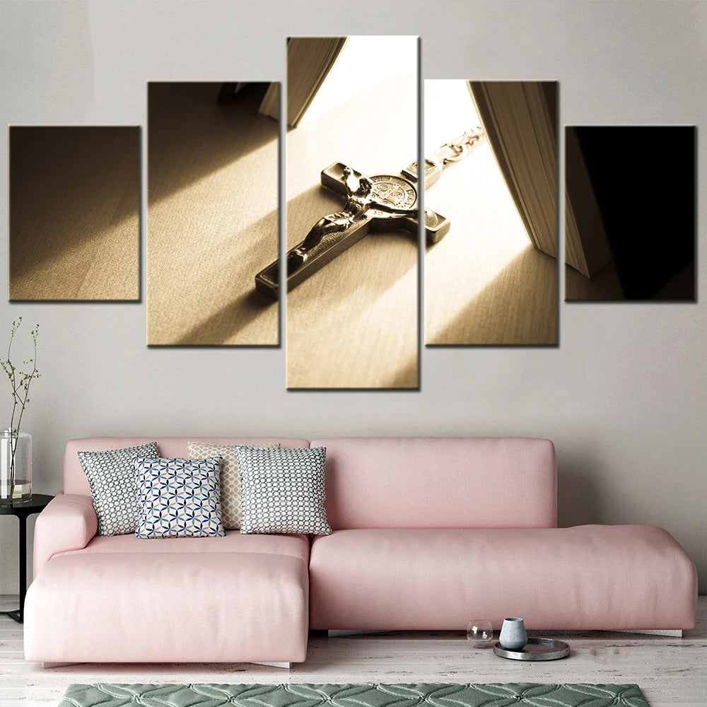 Christian Holy Cross 5 Panels Painting Canvas Wall Decoration