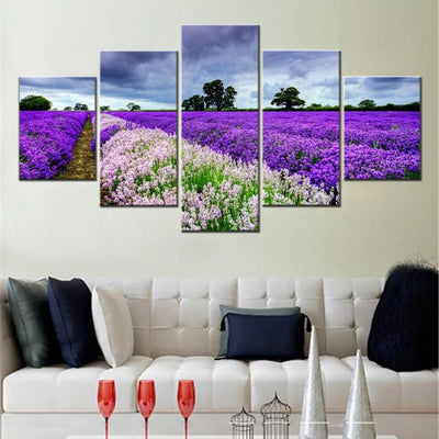 Flowers Field Nature Purple 5 Panels Painting Canvas Wall Decoration