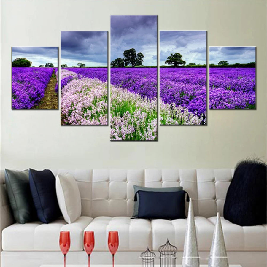 Flowers Field Nature Purple 5 Panels Painting Canvas Wall Decoration