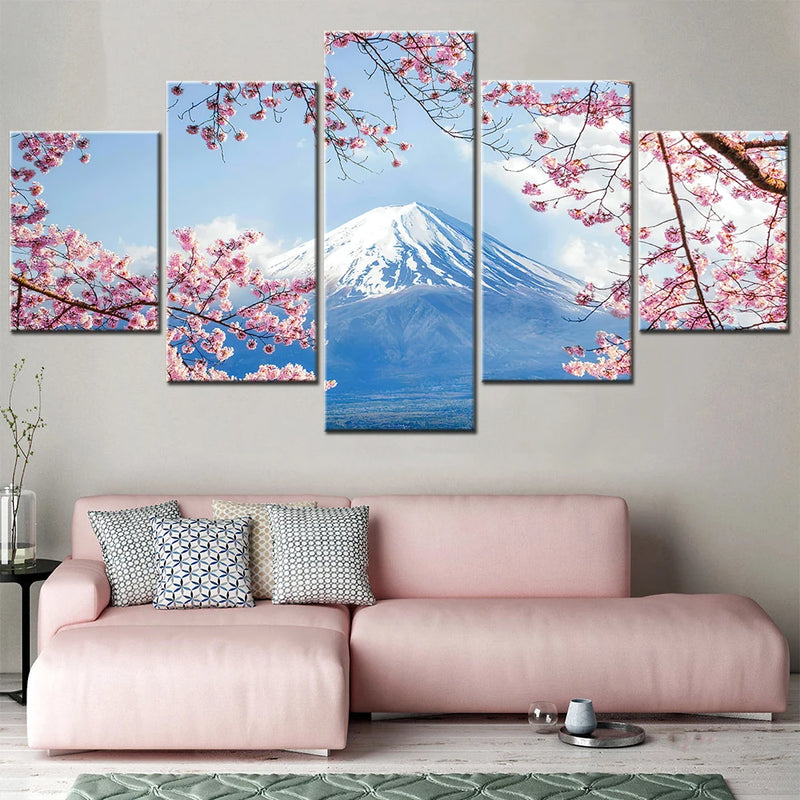 Fuji Mountain Pink Sakura 5 Panels Painting Canvas Wall Decoration