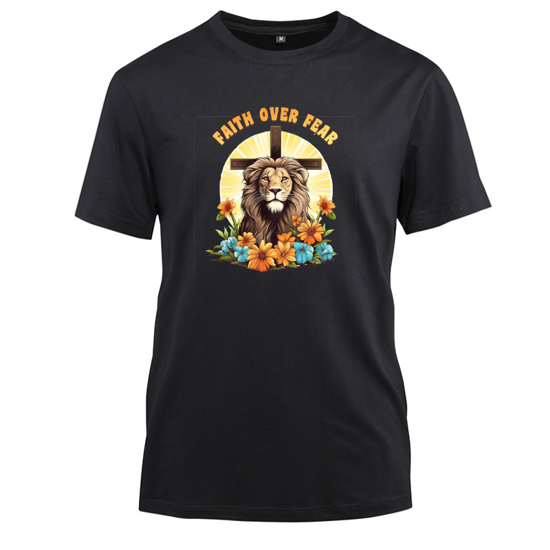 Faith Over Fear Lion of Judah Cotton Black Short Sleeve T-Shirt