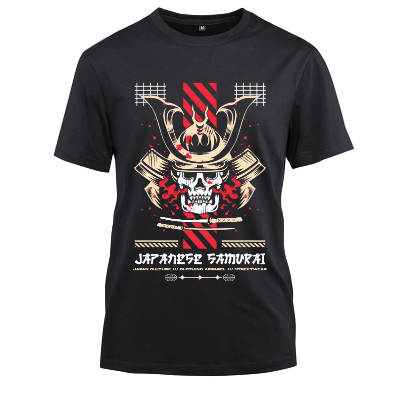 Japan Streetwear Japanese Samurai Cotton Black Short Sleeve T-Shirt