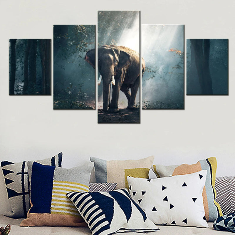 Elephant Forest 5 Panels Painting Canvas Wall Decoration